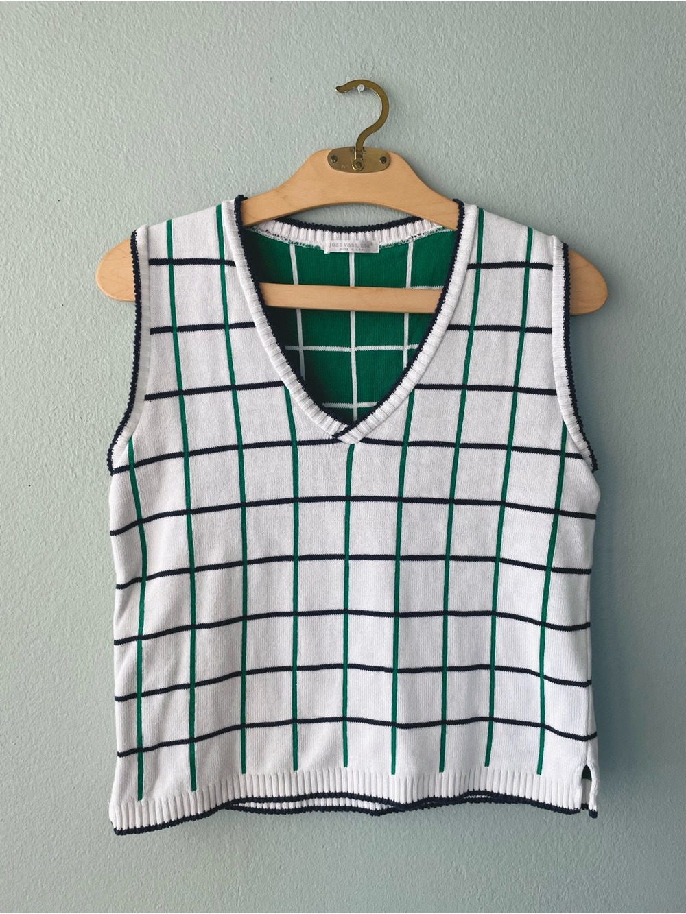 Joan Vass | White Green Preppy Plaid V-Neck Golf Sweater Vest